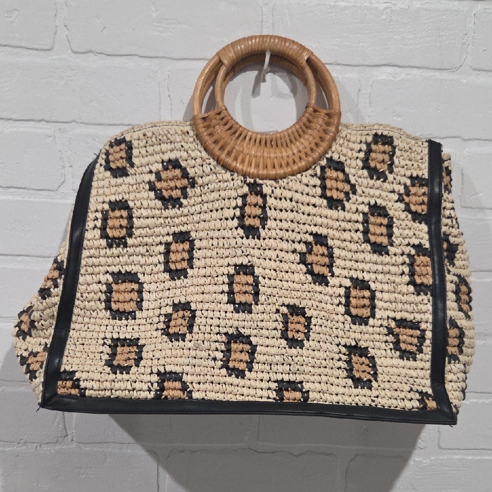 H&M Leopard Raffia Tote with Bamboo Handles